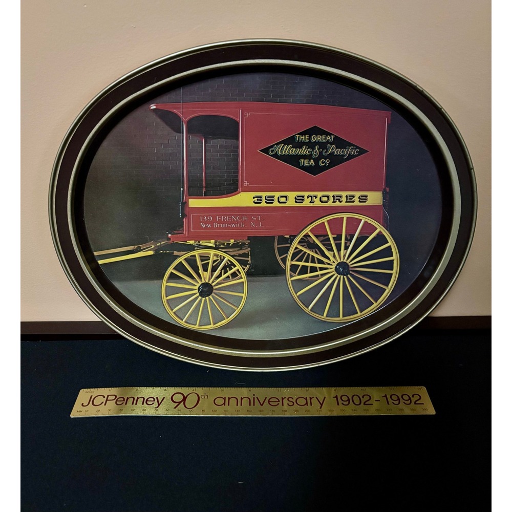 Vintage A&P Tea Co Metal Serving Tray Red Delivery Wagon 350 Stores Oval 14 inch